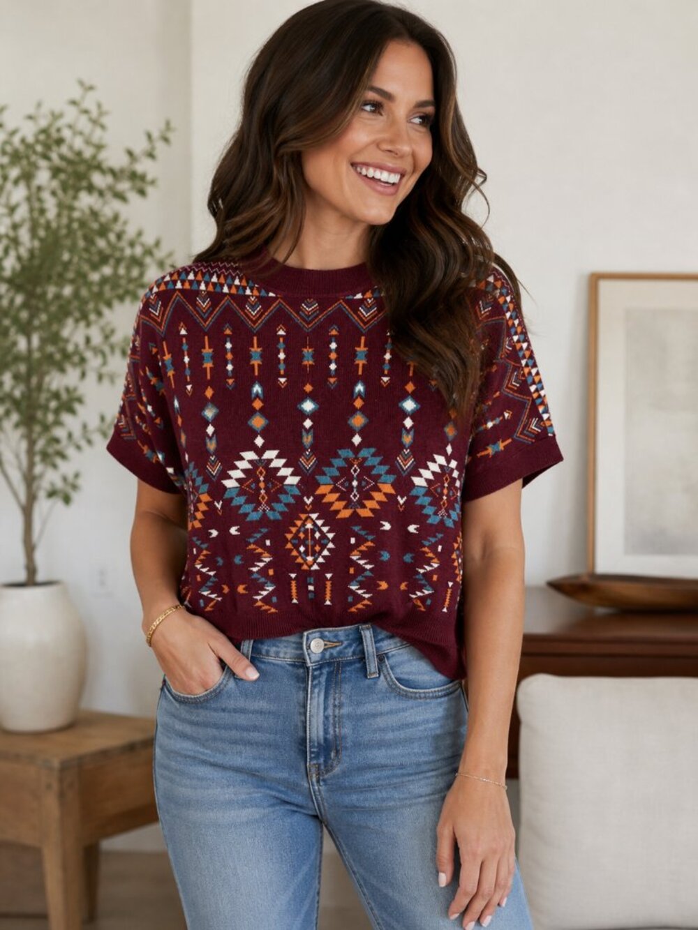 Savanna Jane Burgundy Geometric 3/4 Sleeve Sweater Small